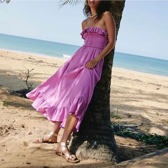 Nwt Free People Lush Life Linen Strapless Midi Dress Purple Opera Mauve - Picture 1 of 8